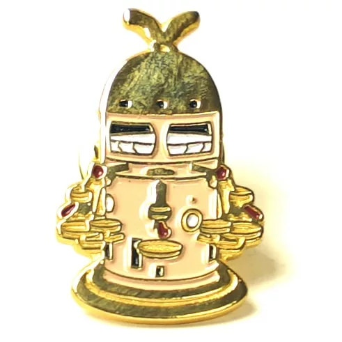 The Elektra Lapel Pin features a playful gold and silver robot with a helmet, droopy eyes, and stacks of coins in both hands. Its shiny metallic finish gives it a fun, cartoon-style look. © 2025 1st-line.com