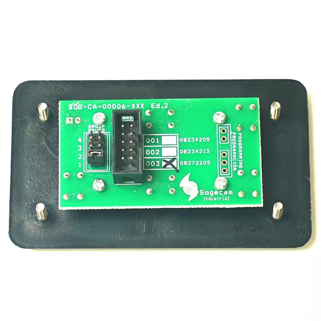 The F.1436 PUSH-BUTTON CIRCUIT, a green PCB labeled Sogetcam Industrial, is mounted on a black base with metallic standoffs and features connectors, a switch, push-button elements, and clearly marked components. © 2025 1st-line.com