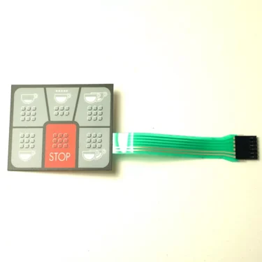 The F.1436 PUSH-BUTTON CIRCUIT is a membrane keypad with five cup icons, a large red STOP push-button at the center, and a green ribbon cable attached on the right, all on a white background. © 2025 1st-line.com