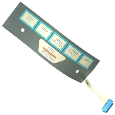 The F.1797 FAEMA E-98 DOSING DEVICE SILKSCREEN features a flat grey panel with five cup-icon buttons outlined in blue, a central STOP PROGRAM label, and a ribbon cable; the icons are silkscreen printed. © 2025 1st-line.com