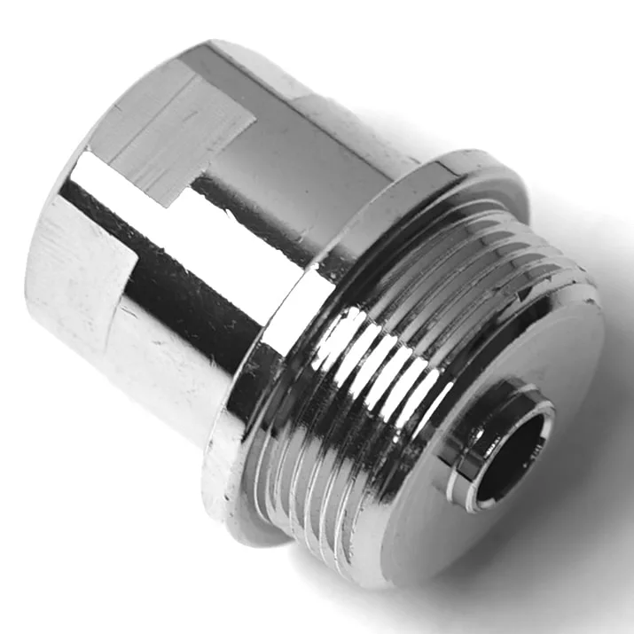 The F..214 E61 GROUP HEAD CAM ROD is a reflective, shiny metal adapter with hexagonal sides and external threads, designed for connecting pipes or hoses. Suitable for use with an E61 group head, the piece appears clean and unused. © 2025 1st-line.com