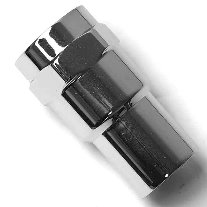 The F..240 3/8 DOUBLE PORTAFILTER SPOUT features a shiny, chrome-plated finish and angled, hexagonal design, resembling a lug nut. Its smooth, reflective surface secures perfectly and is shown diagonally in the image. © 2025 1st-line.com