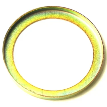 The F..336 STEAM/WATER VALVE KNOB BOWL WASHER is a flat, metallic, circular washer with a yellow-green gradient finish and reflective surface, displayed against a white background. It serves as a component for water valves. © 2025 1st-line.com