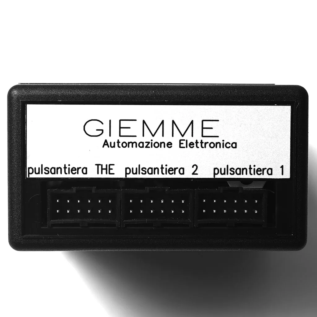The FE.107 VFA Expres Brain Unit 230V by GIEMME Automazione Elettronica, in black, features three front ports—pulsantiera THE, pulsantiera 2, and pulsantiera 1—and is photographed on a white background. © 2025 1st-line.com