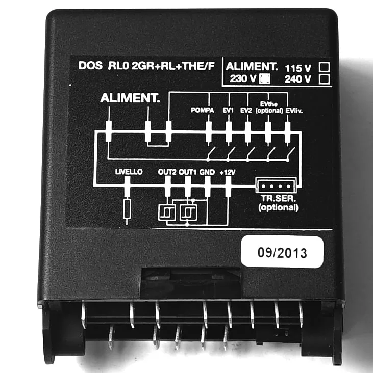 The FE.107 VFA Expres Brain Unit 230V features a black case, white wiring diagram, labeled inputs/outputs, voltage options (115V, 230V, 240V), and a date sticker (09/2013) on the lower right corner. © 2025 1st-line.com