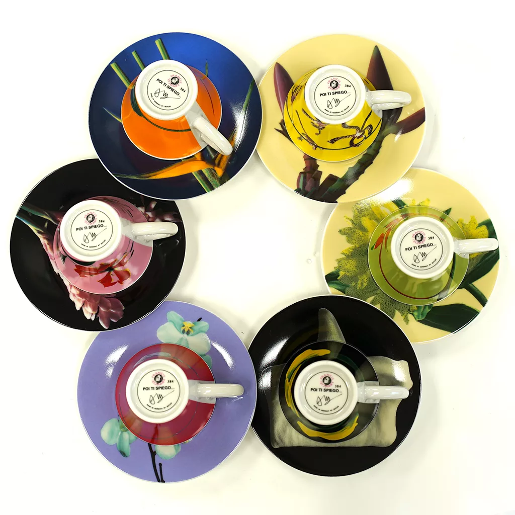 The Francis!Francis! Ice Cellars Collector Gift Set features six vibrant teacups with matching saucers, each adorned with colorful floral designs, beautifully arranged—an ideal gift for tea lovers and collectors alike. © 2025 1st-line.com