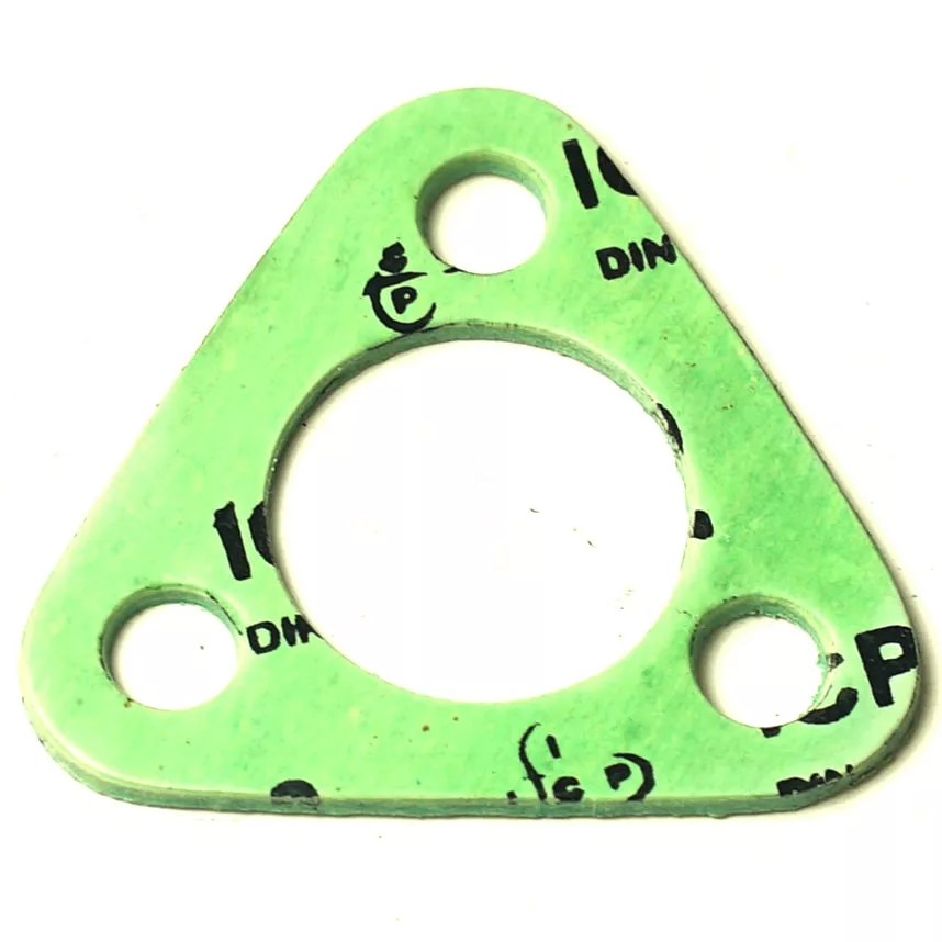 The GI..44 ALIMENTARY LITTLE HEATING ELEMENT GASKET is a green, triangular gasket with three corner holes and a large center hole, shown on a white background. Black markings, including GI44, are partially visible on its surface. © 2025 1st-line.com