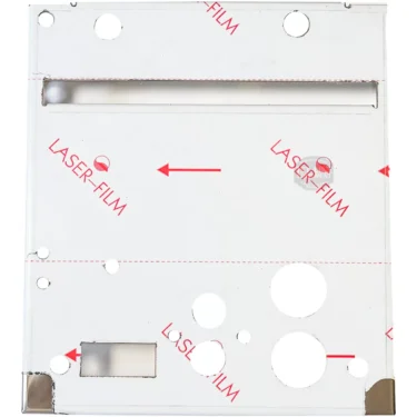 The IZZO IZFE1251 Front Panel for Alex DUETTO III Stainless Steel is a white panel with multiple round and rectangular cutouts, covered in protective film labeled LASER FILM with red arrows in different directions. © 2025 1st-line.com