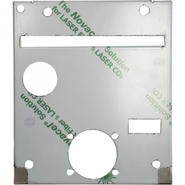 The IZZO IZFE1383 Front Panel for Alex DUETTO III is a rectangular stainless steel panel with two circular holes, a rectangular slot, and smaller cutouts. A protective film with green text partially covers the plate. © 2025 1st-line.com
