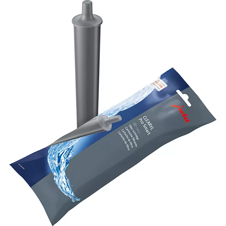 The Jura 24000 Clearyl Pro Smart Water Filter, in gray and cylindrical form, is pictured beside its blue and gray box with a water splash design and the Jura logo in red. © 2025 1st-line.com