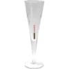 The Kimbo 900378 Flute Glass is a clear, tall glass with a narrow stem and a small vertical red Kimbo logo on the side; it holds 4oz. © 2025 1st-line.com