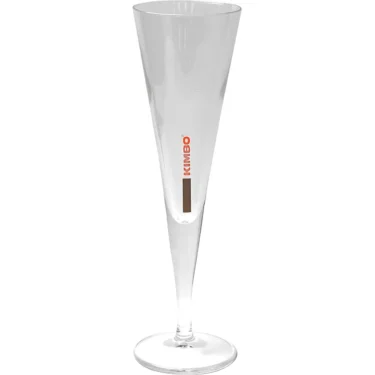 The Kimbo 900378 Flute Glass is a clear, tall glass with a narrow stem and a small vertical red Kimbo logo on the side; it holds 4oz. © 2025 1st-line.com