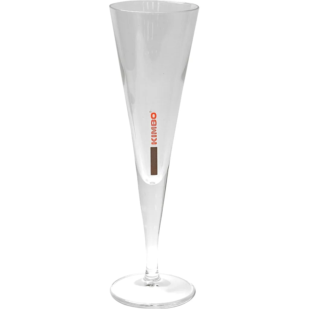The Kimbo 900378 Flute Glass is a clear, tall glass with a narrow stem and a small vertical red Kimbo logo on the side; it holds 4oz. © 2025 1st-line.com