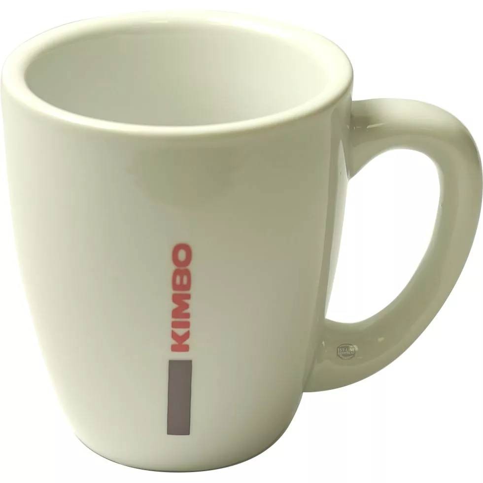 The Kimbo 900523 Coffee Mug is a 10oz white ceramic mug with a large handle, featuring KIMBO in bold red vertical letters and a small gray rectangle beneath the text. © 2025 1st-line.com