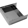 The Lelit 1000201 Drip Tray without Grate is a rectangular stainless steel tray with raised edges, a central divider, and visible corner screws. Its shiny, reflective finish fits perfectly with Lelit espresso machines. © 2025 1st-line.com