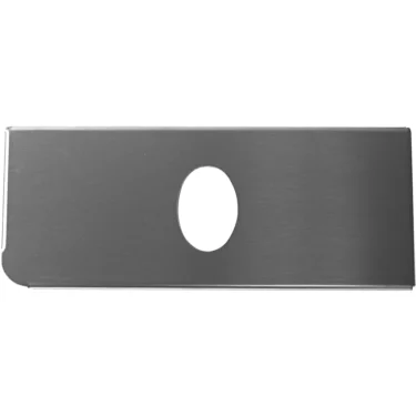 The Lelit 1400118 Water Tank Lid is a rectangular metallic piece with a single central round hole and one slightly rounded corner, resembling a razor blade. © 2025 1st-line.com