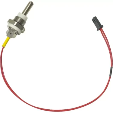 The Lelit 9600078 PID Sensor features a metal temperature probe with a threaded base, white insulator, and red wire ending in a black plastic connector, shown against a white background. © 2025 1st-line.com