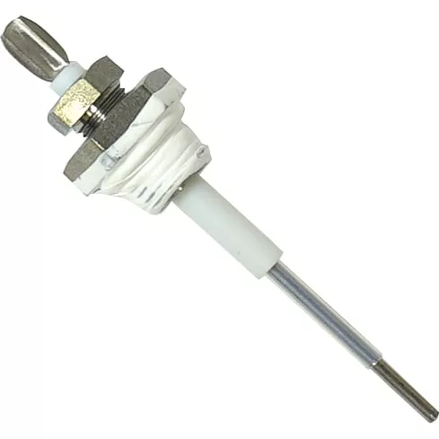 The Lelit 9600105 Water Level Probe is a metal electrode with a hex nut and white ceramic insulator, shown isolated on a white background. © 2025 1st-line.com