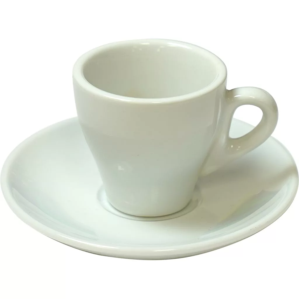 The Levtov International Thick White Porcelain Espresso Cup and Saucer is displayed elegantly against a crisp white background. © 2025 1st-line.com