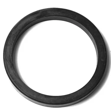 The M..132 PORTAFILTER GASKET 48x52X7mm, made of black rubber, rests flat on a white background, displaying a smooth and simple circular design. © 2025 1st-line.com