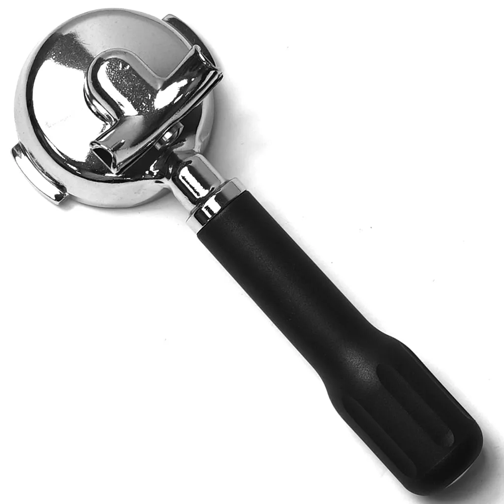 The Magister 210030 58mm Dual Spout Portafilter with a black handle, designed for espresso machines, is displayed on a white background. © 2025 1st-line.com