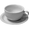 The Rattleware 12oz Coffee House Cup & Saucer features a plain white cup with a handle and matching saucer, both shown empty on a white background. © 2025 1st-line.com