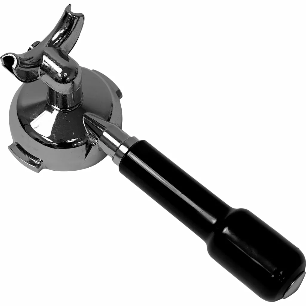 The Rocket C699901000 Dual Spout Portafilter features a chrome finish, black handle, and a decorative metal dolphin spout, shown against a white background. © 2025 1st-line.com