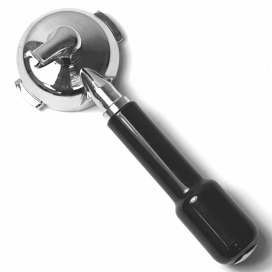 The ROCKET C699901065 Single Spout Portafilter, featuring a metal body and black handle, is displayed against a white background. © 2025 1st-line.com