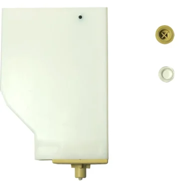 The VBM ASSMATECVAACDONW SET OFF WATER TANK, a rectangular white plastic tank with a beige bottom valve, is pictured beside a round gold cap and clear cap on a white background. © 2025 1st-line.com