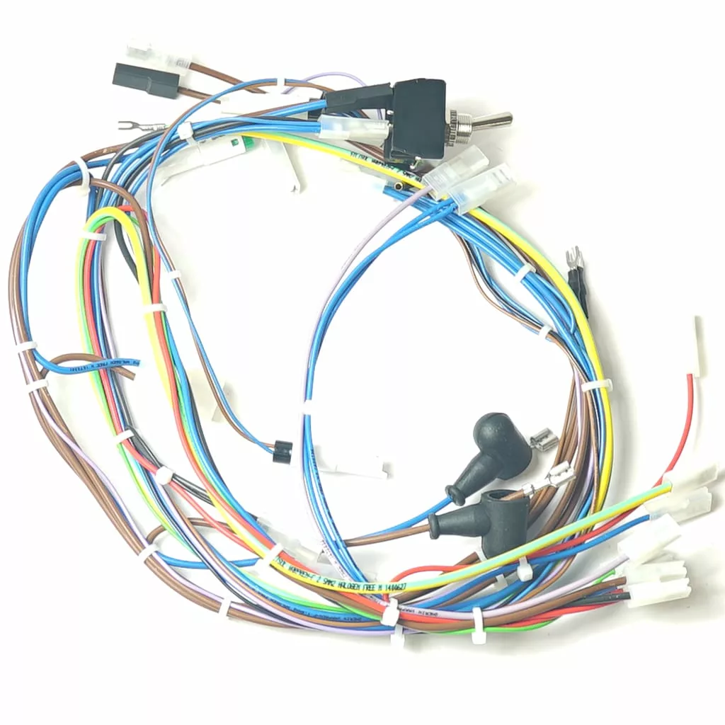 The VBM ELETCABDOMSJU DOMOBAR JUNIOR WIRING HARNESS features multicolored wires with connectors and a toggle switch, coiled loosely on a white background—ideal for the Domobar Junior. © 2025 1st-line.com