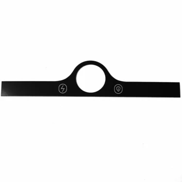 The VBM PANNDISDJANNW DISPLAY PANEL COVER is black and rectangular with a central circular cutout; a white-outlined lightning bolt is on the left of the cutout and a white-outlined lightbulb is on the right. © 2025 1st-line.com