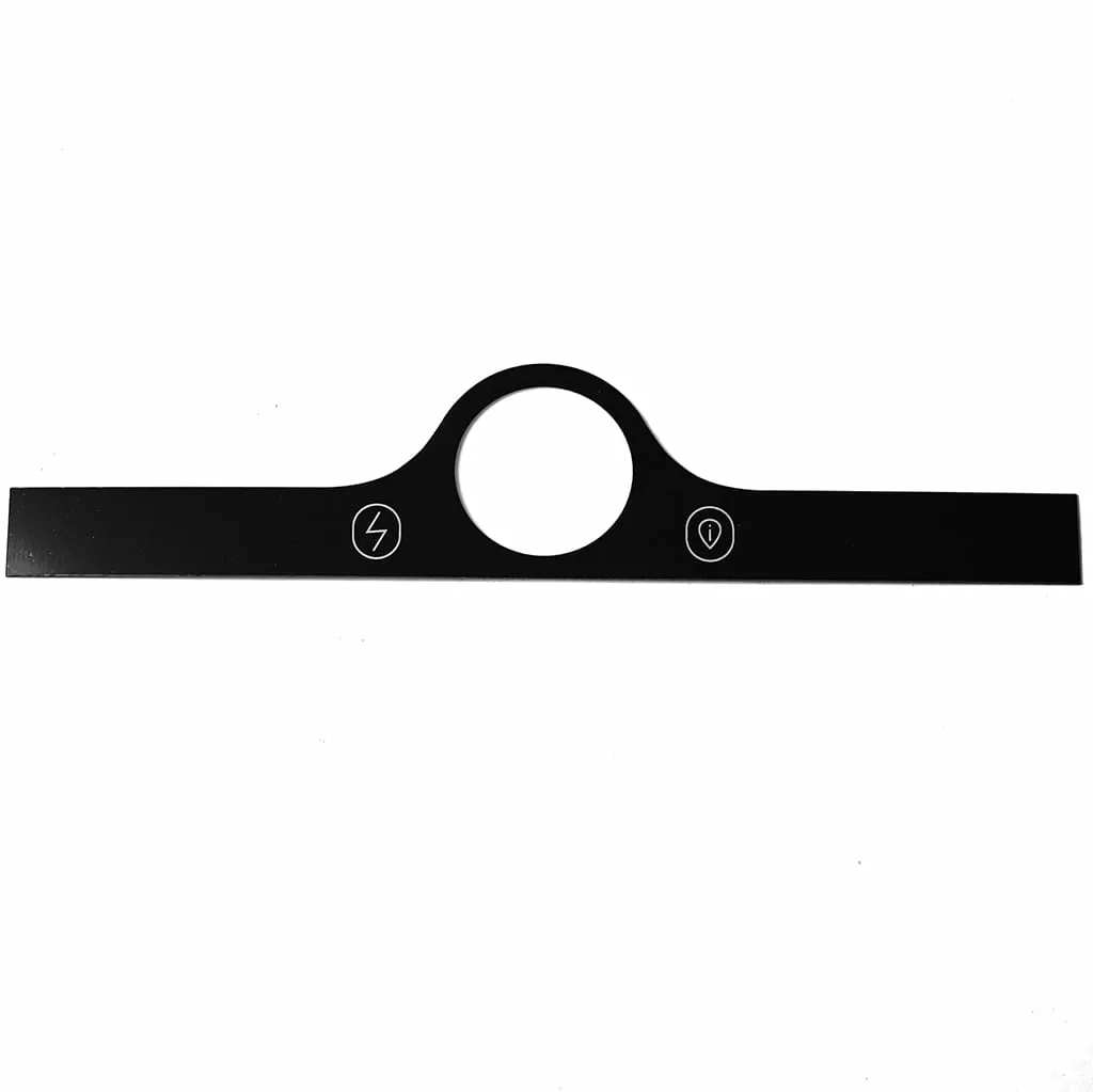 The VBM PANNDISDJANNW DISPLAY PANEL COVER is black and rectangular with a central circular cutout; a white-outlined lightning bolt is on the left of the cutout and a white-outlined lightbulb is on the right. © 2025 1st-line.com