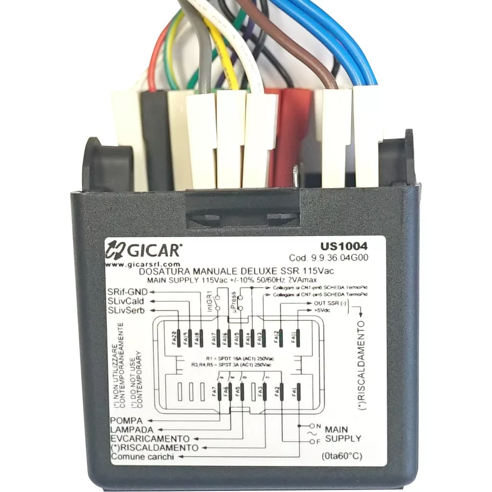 A black Gicar US1004 electronic control unit, similar to those in ECM Mechanika machines, with multiple colored wiring connected on top and a wiring diagram with technical specifications printed on the front label. © 2025 1st-line.com