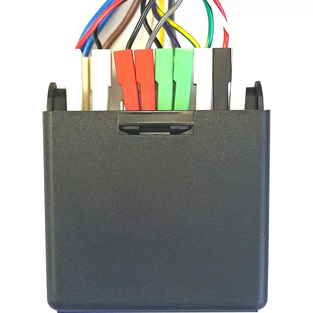A close-up view of an electronic devices wiring, featuring multiple colored wires connected to a black rectangular Slim Brain Unit. © 2025 1st-line.com