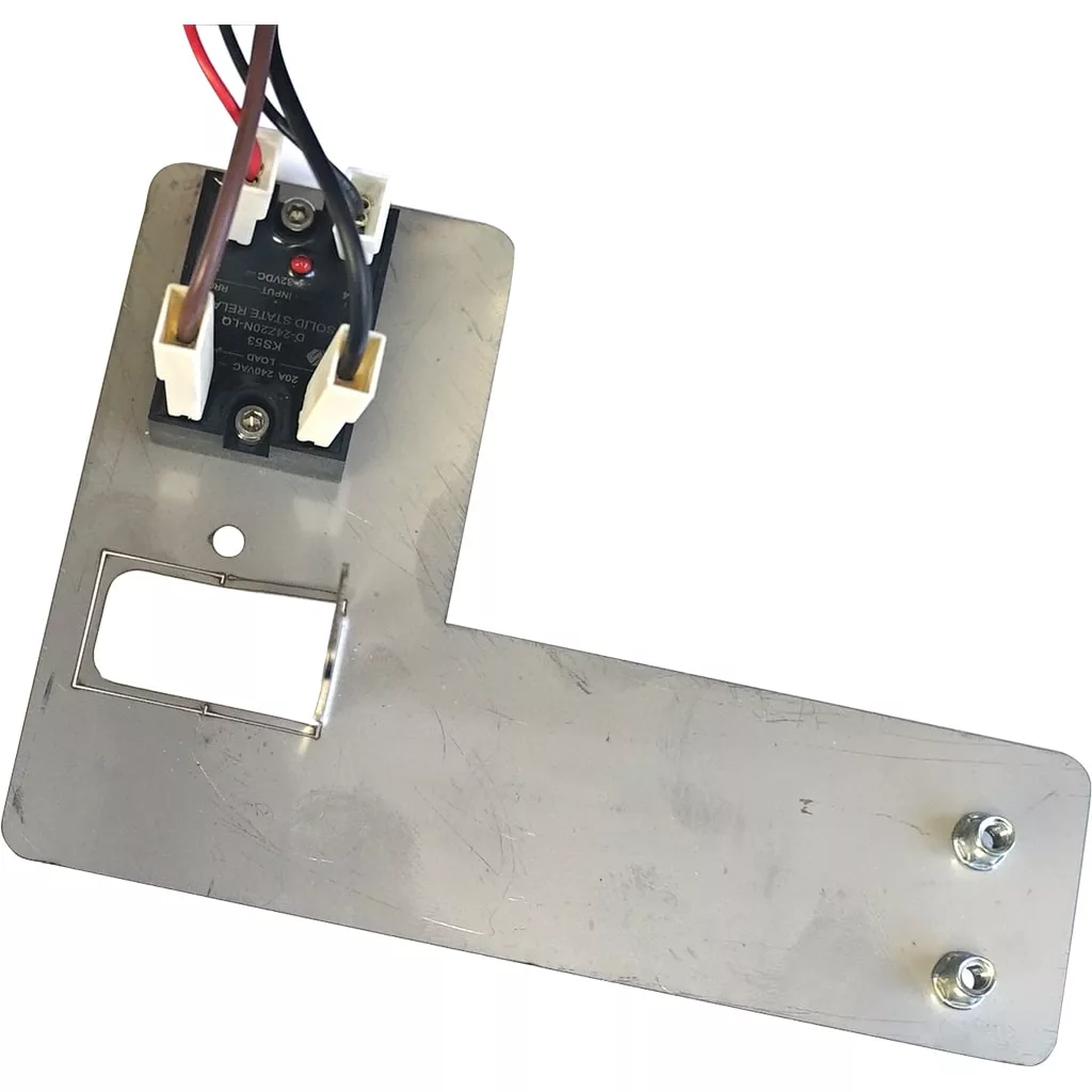 A metal L-shaped mounting plate with two bolts, a cutout window, and an electrical relay attached at the top with red, black, and white wiring connected to it—perfect for ECM Mechanika or Slim Brain Unit setups. © 2025 1st-line.com
