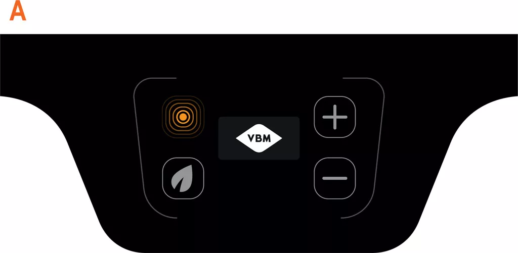 A black control panel with a PID Display Status and digital display showing VBM Domobar Junior, featuring four buttons: circular pattern (top left), leaf icon (bottom left), plus sign (top right), and minus sign (bottom right). © 2025 1st-line.com