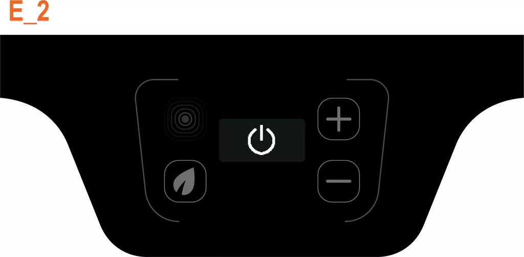 A black touchscreen control panel for the VBM Domobar Junior features a central power button, plus/minus controls, a PID Display Status icon, and fingerprint and leaf icons. The label E_2 appears at the top left in orange. © 2025 1st-line.com