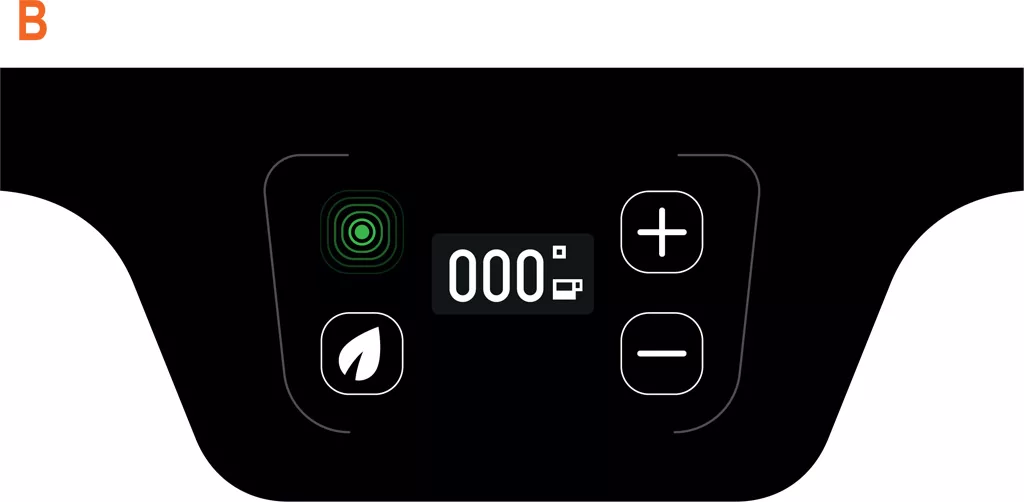 A digital control panel display, like the VBM Domobar Juniors PID Display Status, features a central screen showing 000, a green leaf icon, circular pattern icon, and plus/minus buttons—all set against a sleek black background. © 2025 1st-line.com