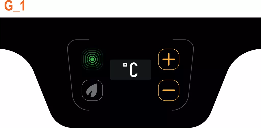 A digital control panel on the VBM Domobar Junior features a PID Display Status with temperature in Celsius, a green power button, a leaf icon, and orange plus and minus buttons for easy adjustment—ideal for Digital HX precision. © 2025 1st-line.com