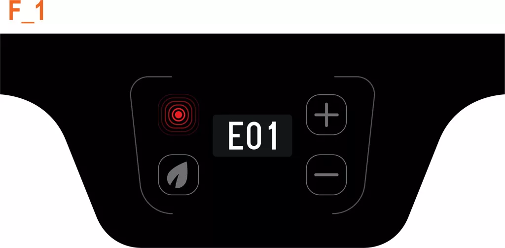 Digital control panel on the VBM Domobar Junior displaying error code E01. The PID Display Status shows F_1 in orange text above, plus and minus buttons, a leaf icon, and a red circular icon likely indicating power or heat. © 2025 1st-line.com
