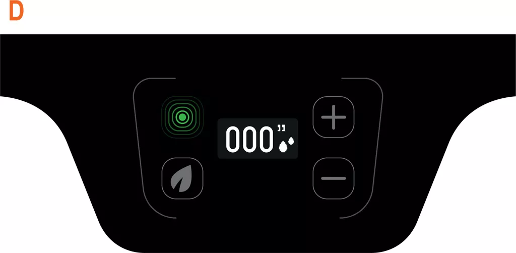 Digital control panel with a PID display reading 000 and icons for power, a leaf, plus and minus buttons, and droplets—suggesting eco or air purifier settings similar to those on the VBM Domobar Junior. © 2025 1st-line.com