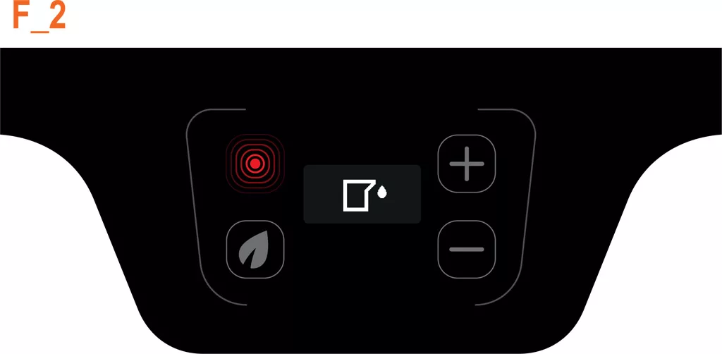 Digital HX control panel featuring a red heated coil icon, plus and minus buttons, leaf icon, and central PID Display Status with a drop in a square. F_2 glows orange at the top left, designed for the VBM Domobar Junior. © 2025 1st-line.com