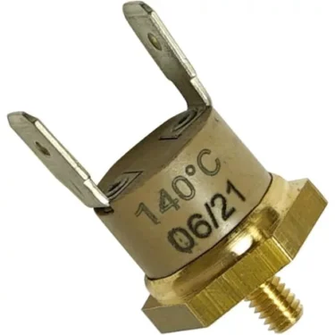A close-up of a 1st-Line 140°C Thermostat with Automatic Reset, featuring a metal body, two flat terminals, a threaded brass base, and marked with 140°C 06/21. © 2025 1st-line.com