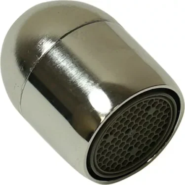 A close-up of the 1st-Line Diffuser Fitting/Aerator, featuring a shiny, rounded metal exterior and a honeycomb-patterned diffuser at one end. © 2025 1st-line.com