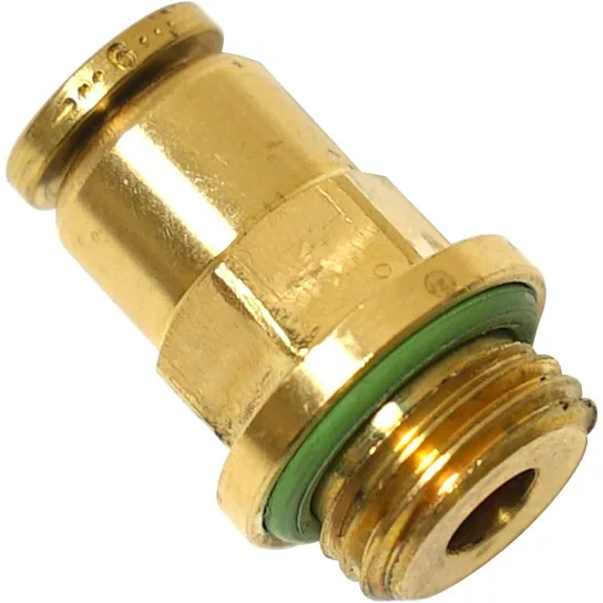 A close-up of the VBM RACCCILIR14D6 CYLINDRICAL FITTING 1/4 QUICK COUPLING, featuring a threaded end and green sealing ring for secure plumbing or pneumatic connections. © 2025 1st-line.com