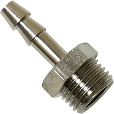 A close-up of the VBM RACCPOPODOARV 1/4 to Hose Connector Fitting, featuring a threaded end and a ridged tapered barb for connecting flexible tubing or serving as a durable hose connector. © 2025 1st-line.com