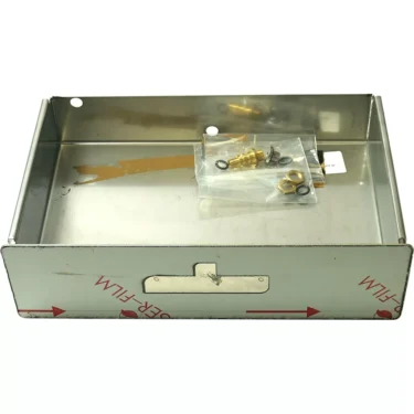 A rectangular metal VBM CARRCASDOSAV2 Super Drip Tray Drawer (pre 2020 new style) with a front latch and partially removed protective film. Includes a small bag with metal fittings and rubber washers. © 2025 1st-line.com