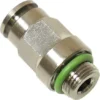 Close-up of a VBM RACCCILIRD6 Cylindrical Fitting with Quick Coupling, featuring a green O-ring, hexagonal body, and threaded end for connecting air tubing in pneumatic systems. © 2025 1st-line.com