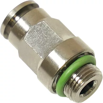 Close-up of a VBM RACCCILIRD6 Cylindrical Fitting with Quick Coupling, featuring a green O-ring, hexagonal body, and threaded end for connecting air tubing in pneumatic systems. © 2025 1st-line.com