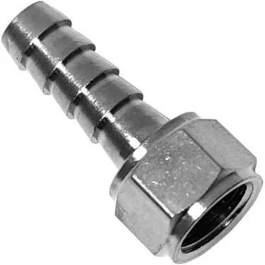 Close-up of the VBM RACCPOSCARBYP 1/8 to Hose Connector, designed with a hexagonal nut and multiple ridges for connecting flexible tubing to threaded pipe or equipment. © 2025 1st-line.com